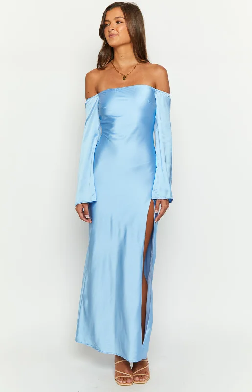 Maxi dresses with tiered lace skirts and off - the - shoulder necklines for a feminine and elegant beach lookShae Blue Satin Long Sleeve Maxi Dress