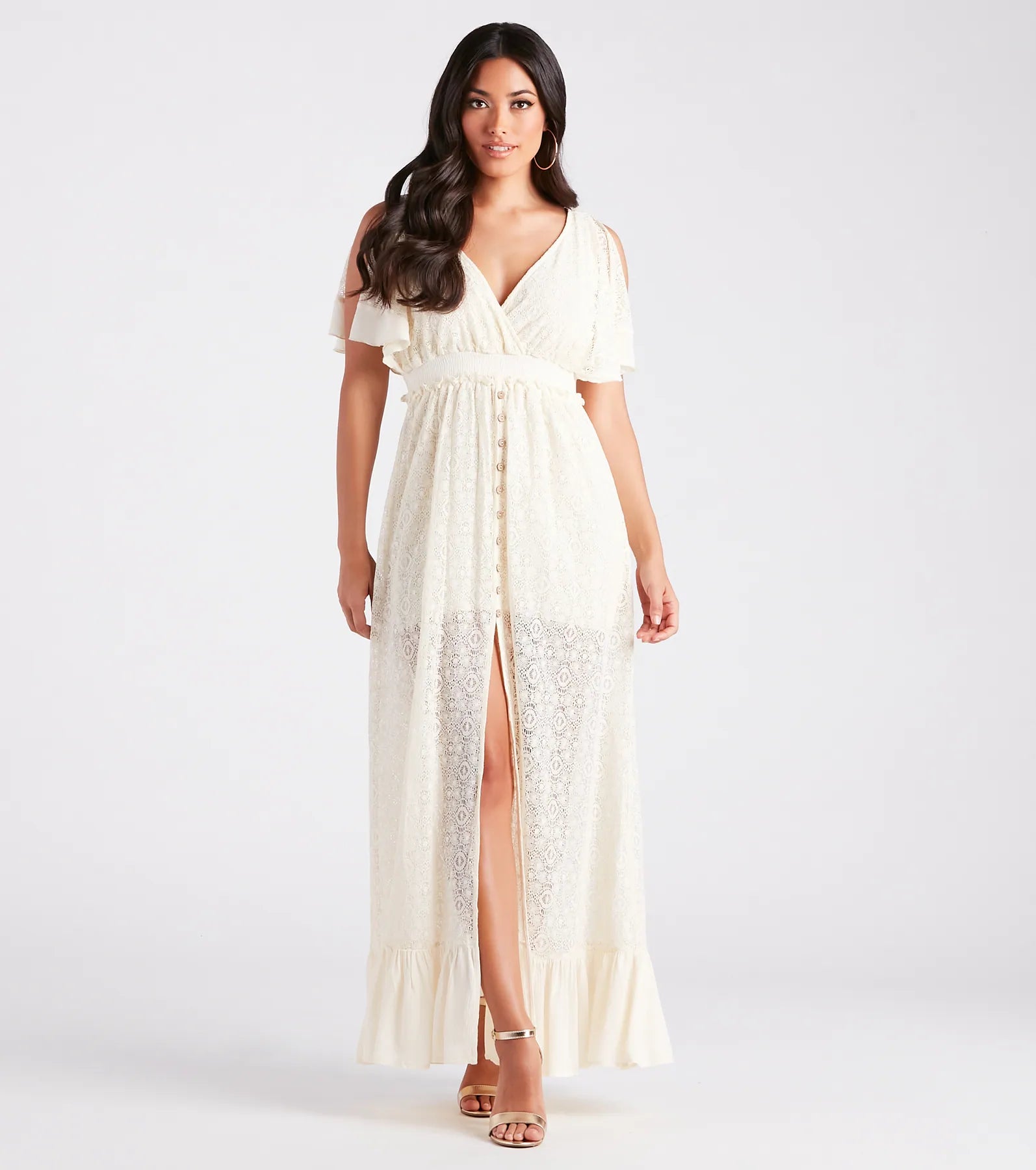 Maxi dresses with off - the - shoulder necklines and flowy fabrics for a beachy vibeShowcase Your Charm Sheer Lace Maxi Dress