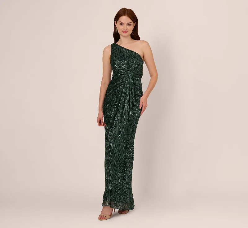 Maxi dresses with button - down skirts and ruched sleeves for a unique and stylish arm lookStardust Pleated Draped One Shoulder Gown In Green Pine