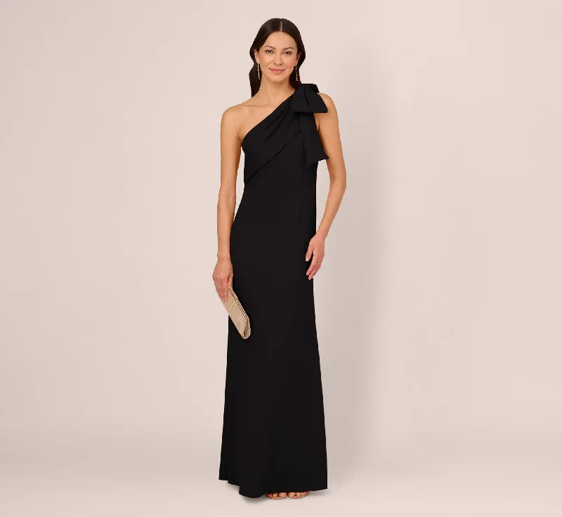 Maxi dresses with detachable belts and solid colors for a customizable and versatile lookStretch Crepe One Shoulder Mermaid Gown With Bow Accent In Black