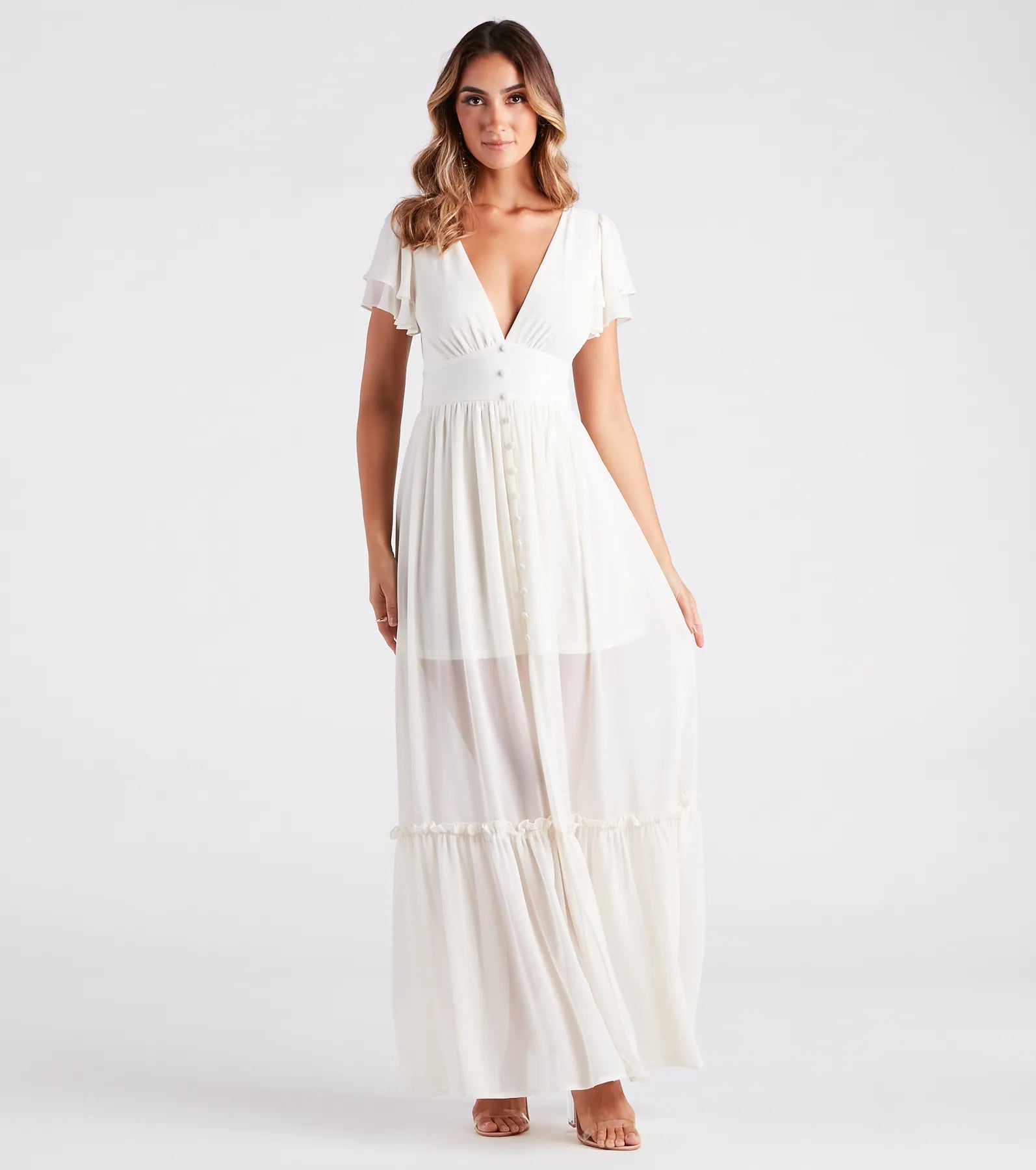 Maxi dresses with high - low hems and geometric prints for a modern partySummer Daydream Ruffled Chiffon Maxi Dress