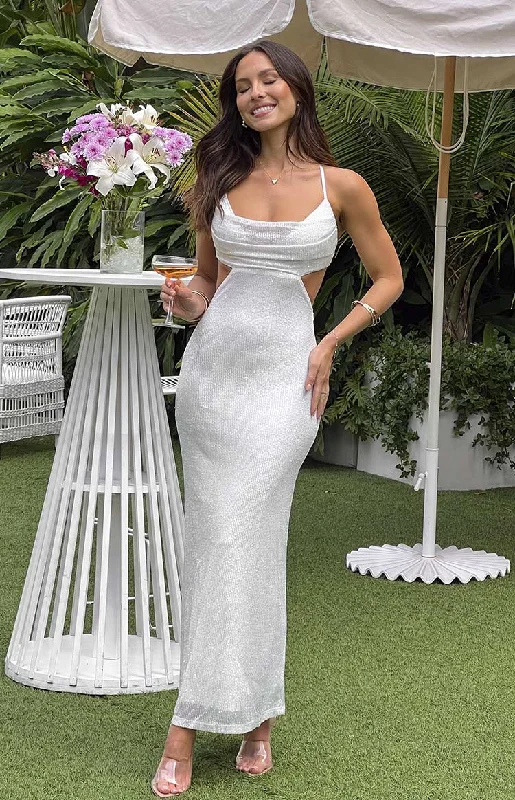 Maxi dresses with pom - pom trims and printed lining for a playful and festive lookTaleah White Sequin Cut Out Maxi Dress