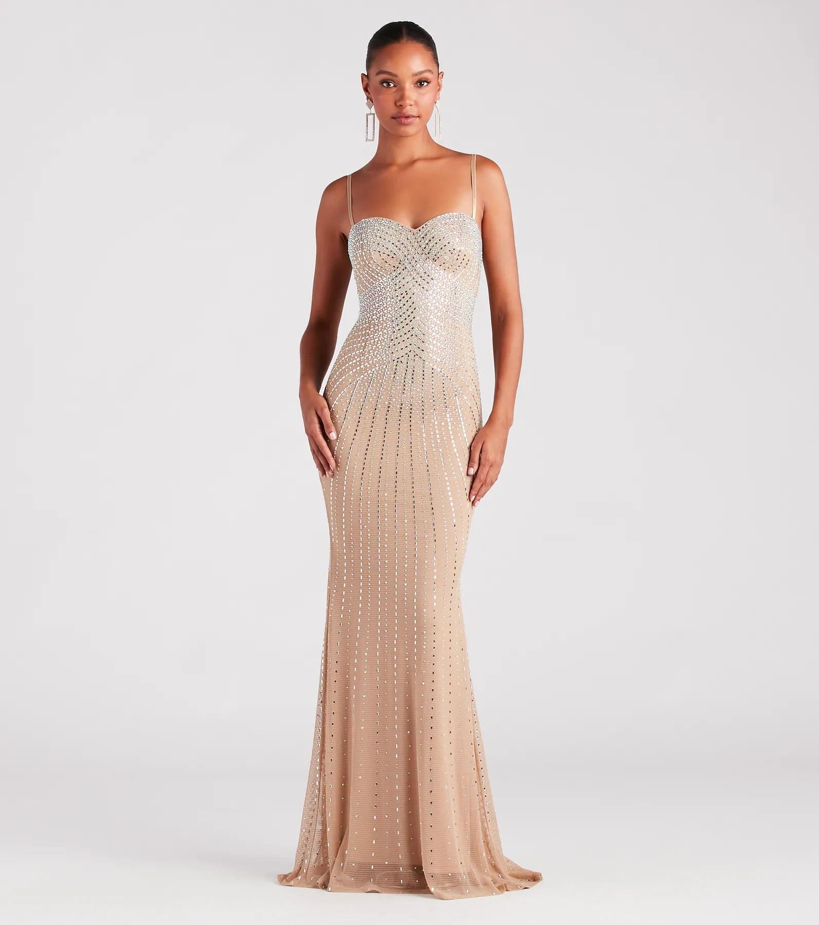 Maxi dresses with asymmetric ruffled hems and high - low designs for a fashion - forward and dynamic styleTori Formal Rhinestone Mermaid Long Dress