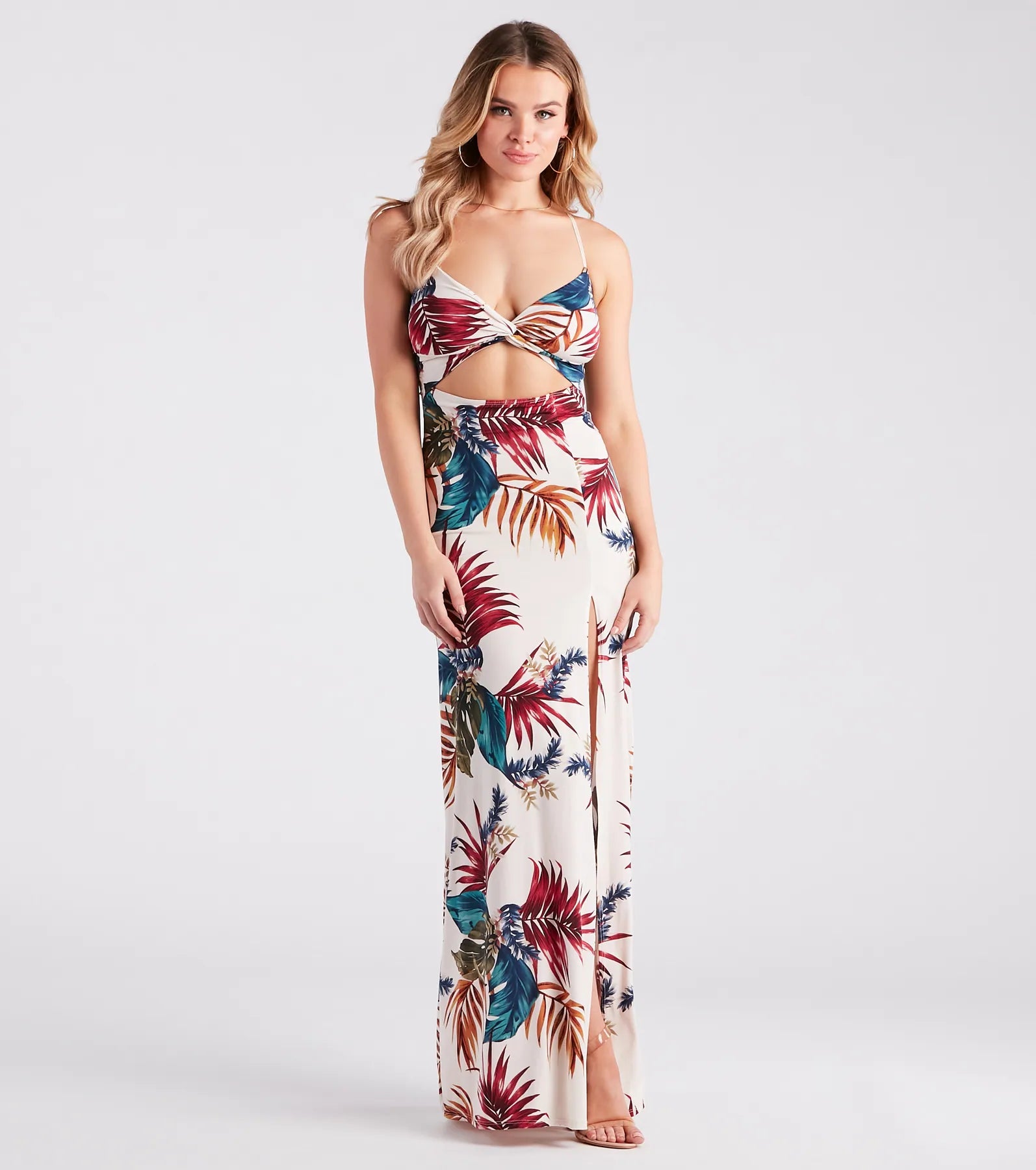 Maxi dresses with tiered ruffled sleeves and a-line silhouettes for a feminine and voluminous lookVacation Awaits Tropical Print Cutout Maxi Dress