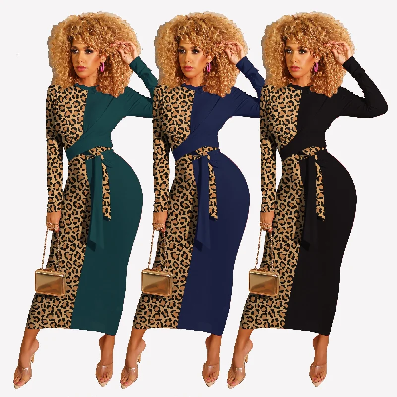 Maxi dresses with cold - shoulder ruffled sleeves and floral prints for a romantic and trendy styleYG8060 - women modern leopard patch long sleeve bandage maxi dress