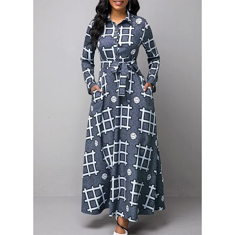 Maxi dresses with tiered skirts and lace inserts for a feminine and elegant appealZ83908 Fashion Long Sleeve Print Dresses Casual women V Neck Elegant vintage maxi dress