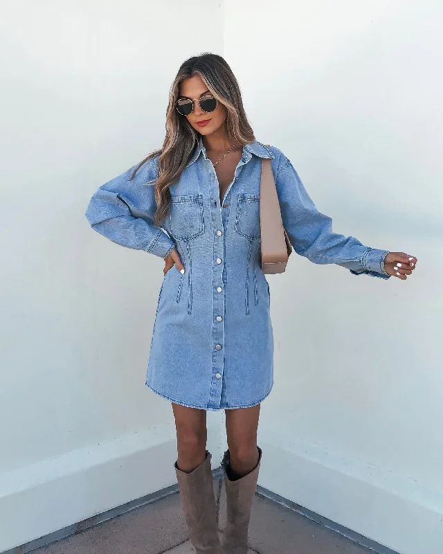 Plus Size Women Dress with a Flattering A - Line Cut for Comfort and StyleDenim Long Sleeve Button Down Mini Dress