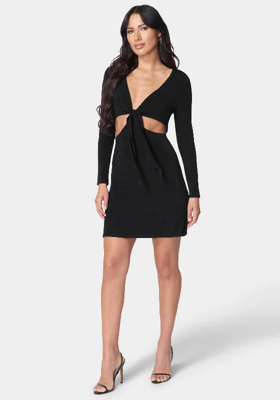 Halter Neck Women Dress to Show Off the Shoulders and NecklineLong Sleeve Tie Front Slinky Dress