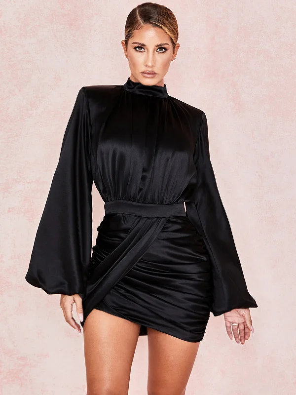 Off - the - Shoulder Women Dress for a Romantic and Feminine LookStand Collar Ruched Ballon Sleeve Mini Dress MCW1200