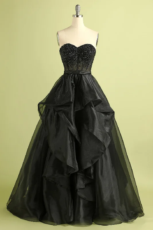 Cocktail dresses with a tiered skirt and a bow at the waistBlack Strapless Ball Gown Evening Dress