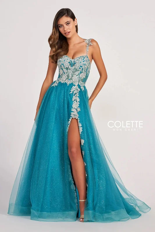 Strapless wedding guest dresses with rhinestone - studded bodicesColette CL2020 Glitter Prom Applique Long Formal Ball Gown