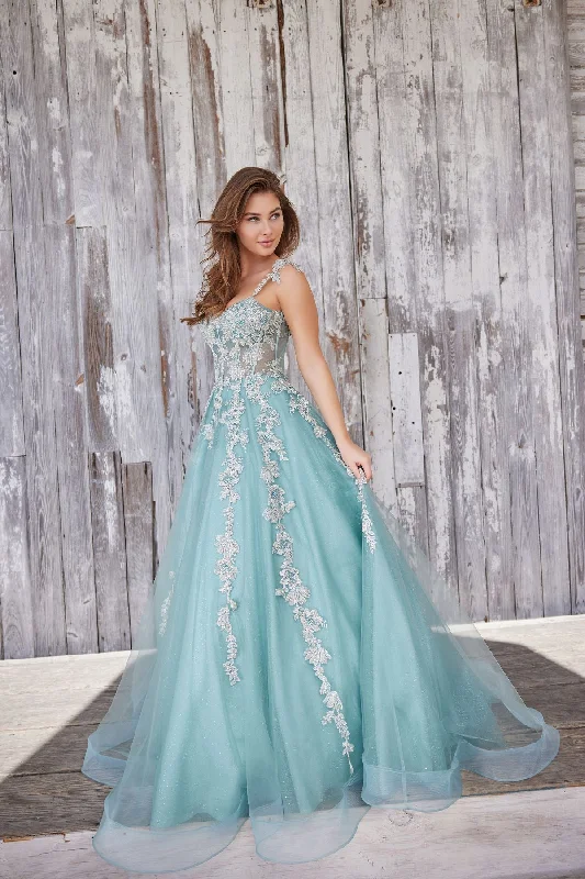 Ruffled - sleeve wedding guest dresses in light blue for a spring weddingColette CL5165 Glitter Prom Long Applique Formal Dress