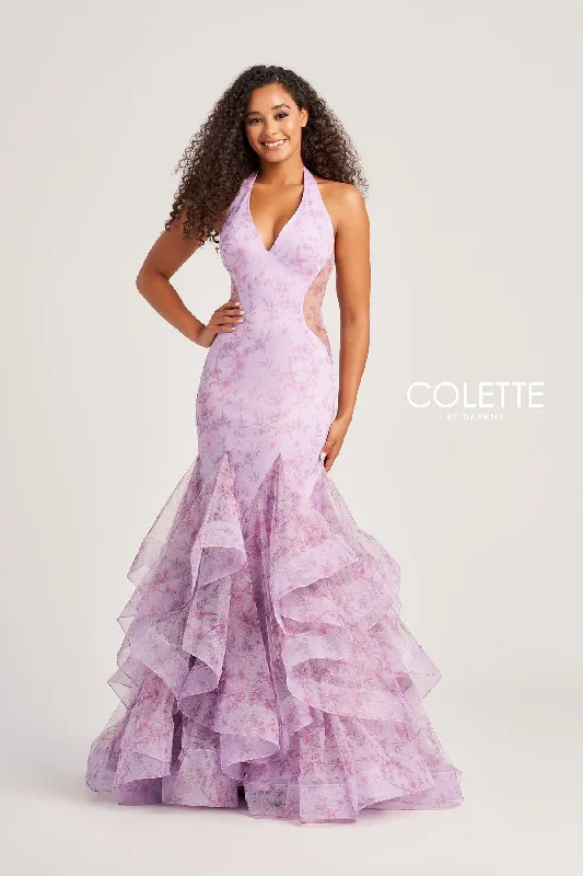 Velvet - trimmed wedding guest dresses in burgundy for a formal eventColette CL5234 Long Halter Formal Mermaid Prom Dress