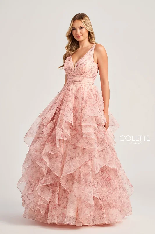 Sleeveless wedding guest dresses with pleated bodicesColette CL5273 Floral Glitter Long Prom Formal Ruffle Dress