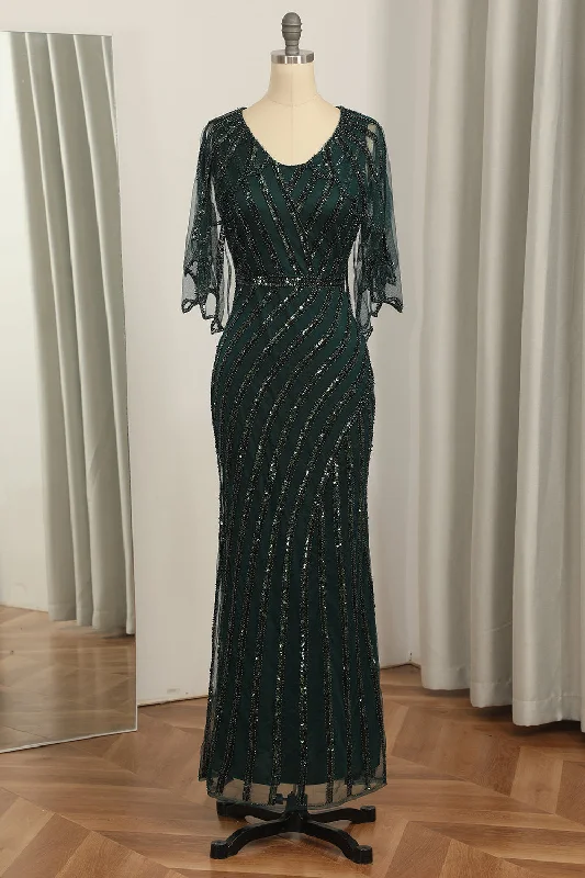 Mini cocktail dresses with a cold - shoulder ruffled sleeveDark Green Sequined Scoop Neck Long 1920s Dress