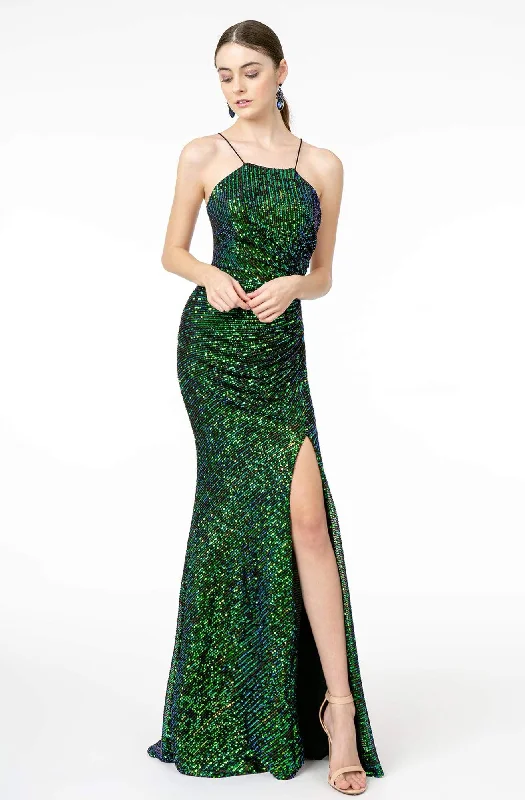 Prom dresses with side - slit skirts and beaded fringes for a glamorous appearanceElizabeth K - GL1812 Sequined Halter Trumpet Dress With Train