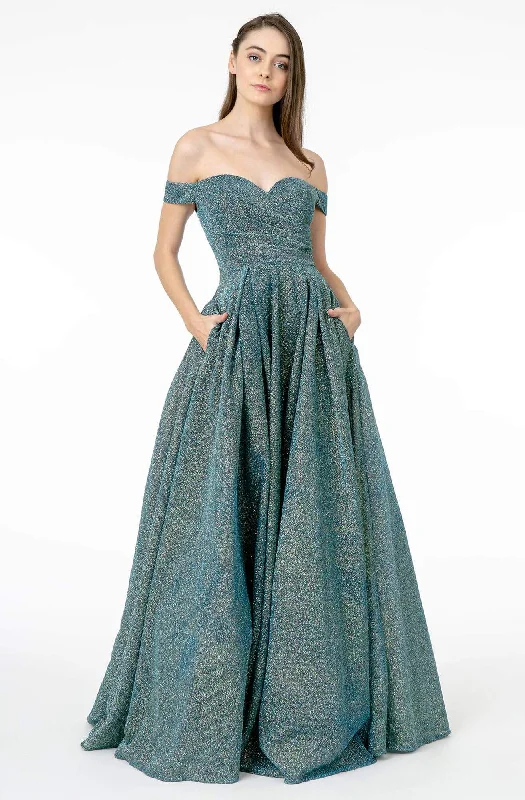 Prom dresses with cold - shoulder cutouts and satin bows for a trendy lookElizabeth K - GL1827 Glitter Lame Off Shoulder A-Line Gown