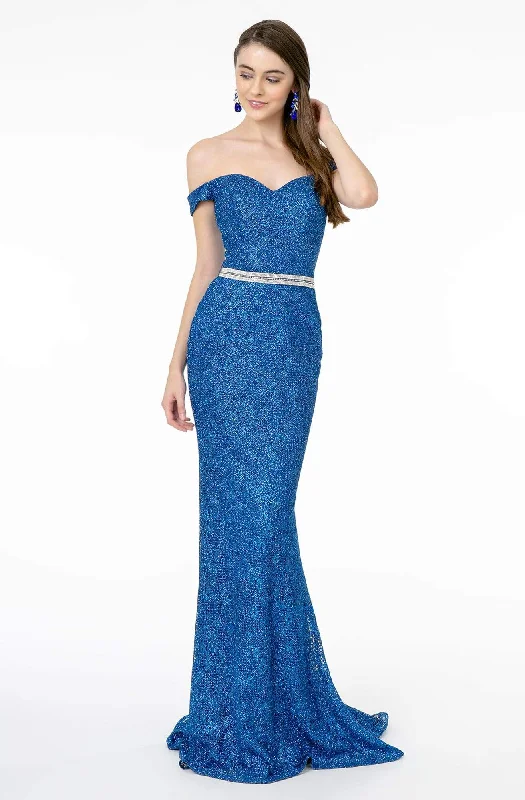 Formal dresses with pleated bodices and taffeta fabric for a traditional lookElizabeth K - GL1829 Off Shoulder Jeweled Waist Glitter Gown