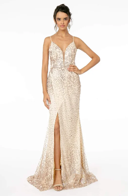 Formal dresses with tiered lace skirts and off - the - shoulder necklines for a feminine and elegant formal appearanceElizabeth K - GL1844 Illusion Deep V-Neck Glitter Mesh High Slit Gown