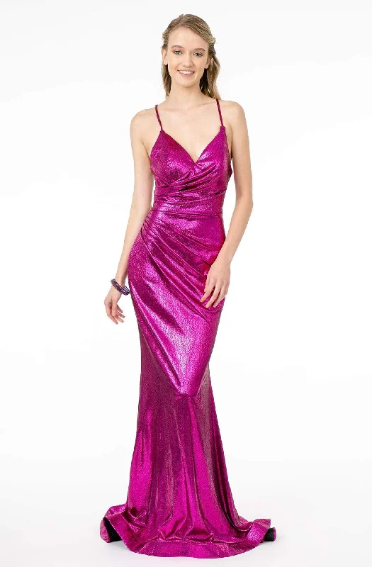 Prom dresses with gathered skirts and crystal - encrusted belts for a luxurious promElizabeth K - GL2943 Plunging V-Neck Ruched Trumpet Dress