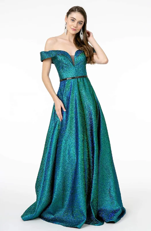 Formal dresses with high - low hems and floral embroidery for a unique prom styleElizabeth K - GL2982 Folded Off Shoulder Metallic Lame A-Line Gown