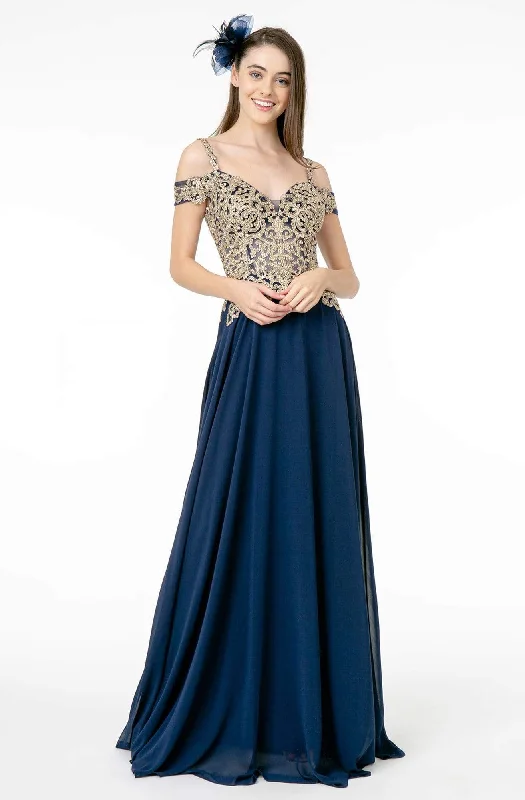 Formal dresses with halter necks and lace - up backs for a stylish promElizabeth K - GL2998 Embroidered Sweetheart Chiffon A-Line Gown