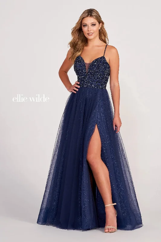 Off - the - shoulder wedding guest dresses in chiffonEllie Wilde EW122066 Long A Line Formal Pocket Prom Dress