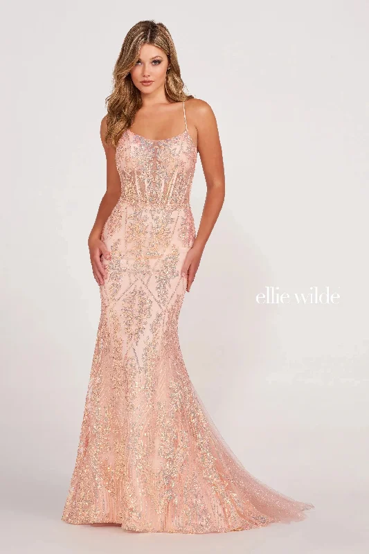 Sleeveless wedding guest dresses with ruffled hemsEllie Wilde EW34023 Long Glitter Formal Mermaid Prom Dress