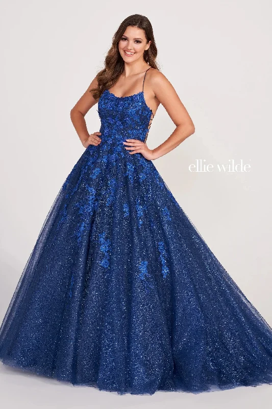 Long - sleeved wedding guest dresses in velvet for a winter weddingEllie Wilde EW34026 Long Formal Prom Glitter Ball Gown