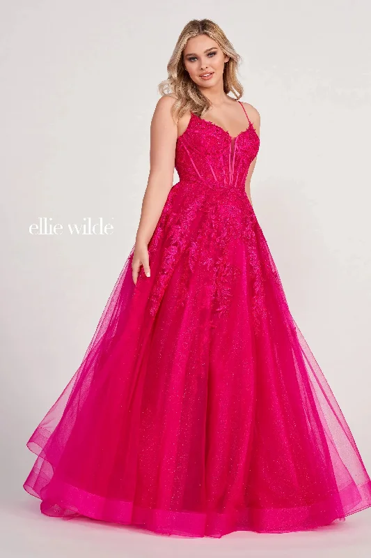 Wedding guest dresses with cold - shoulder designs and solid colorsEllie Wilde EW34036 Long Ball Gown Applique Prom Dress