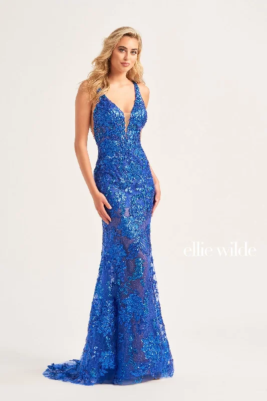 Wedding guest dresses with button - down fronts and A - line silhouettesEllie Wilde EW34040 Long Formal Fitted Sequin Prom Dress