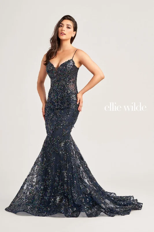 Wedding guest dresses with pom - pom trims for a playful lookEllie Wilde EW35013 Prom Fitted Formal Glitter Long Gown