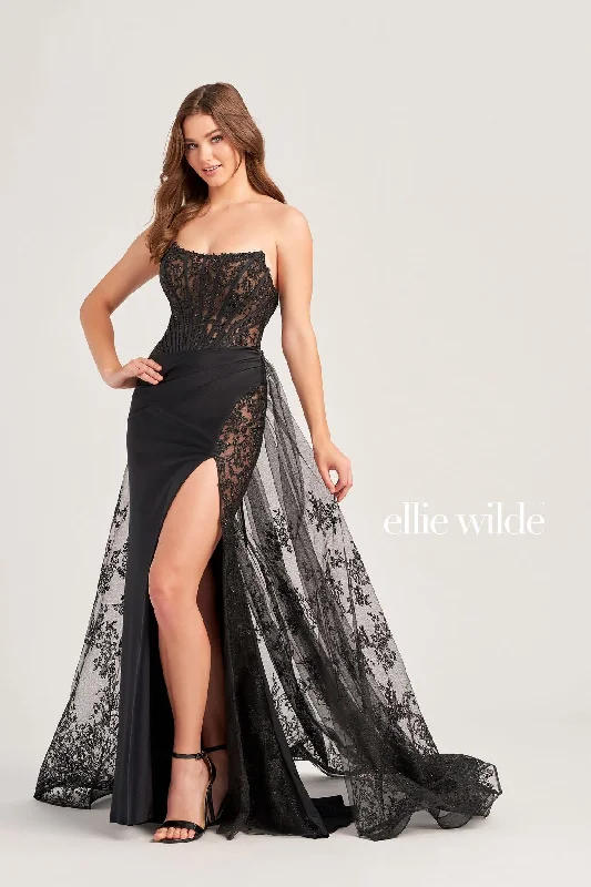 Lace - and - tulle wedding guest dresses with sweetheart necklinesEllie Wilde EW35032 Long Formal Glitter Overskirt Prom Dress