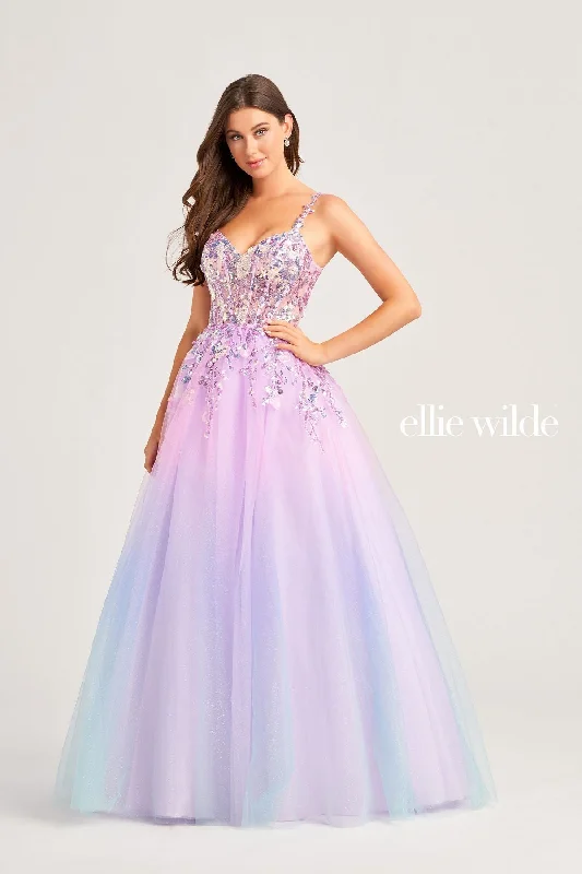 Wedding guest dresses with puff sleeves and knee - length hemsEllie Wilde EW35055 Long Ball Gown Glitter Prom Dress