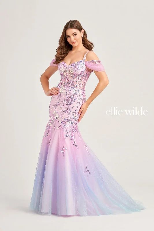 Sheer wedding guest dresses with lace inserts and long sleevesEllie Wilde EW35056 Long Beaded Mermaid Prom Dress