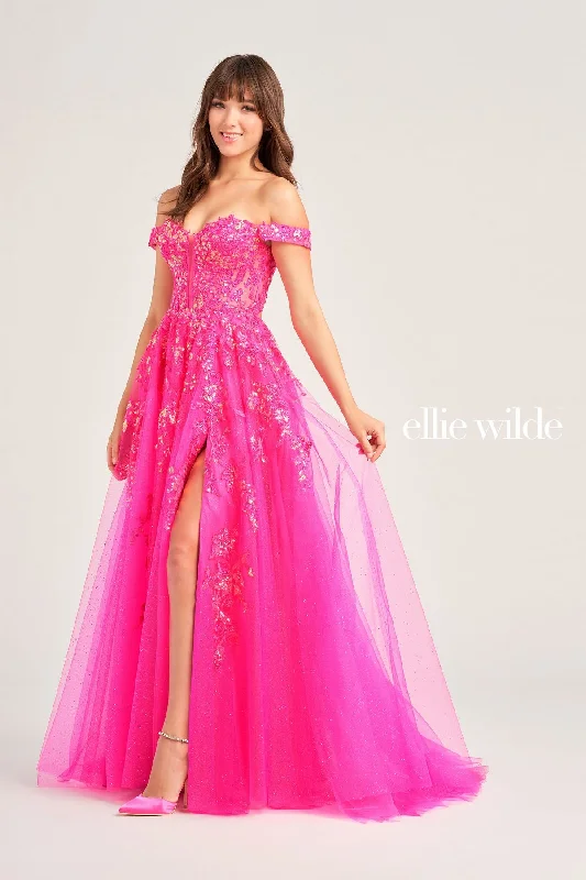 Wedding guest dresses with patchwork designs for a unique lookEllie Wilde EW35058 Long Beaded Ball Gown Prom Dress