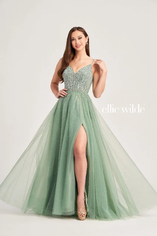 Wedding guest dresses with belted waists and knee - length skirtsEllie Wilde EW35088 Long Ball Gown Glitter Pocket Prom Dress