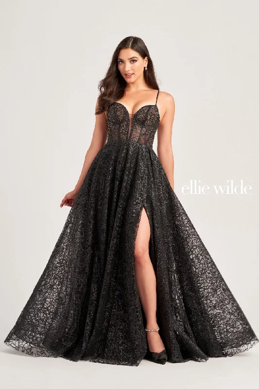 Wedding guest dresses with cold - shoulder ruffled sleeves and knee - length hemsEllie Wilde EW35216 Long Beaded Formal Pocket Prom Dress