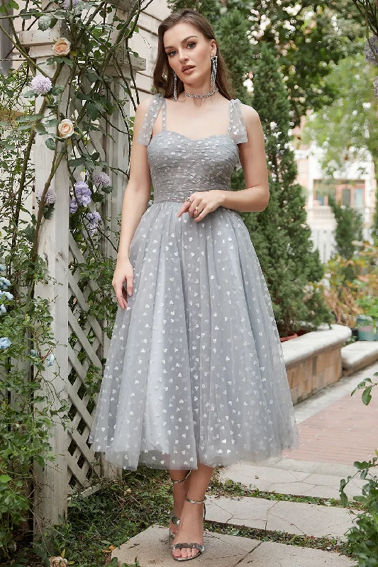 Cocktail dresses with a wrap - front style and a long - length optionGrey Spaghetti Straps Tea-Length Prom Dress With Bowknots