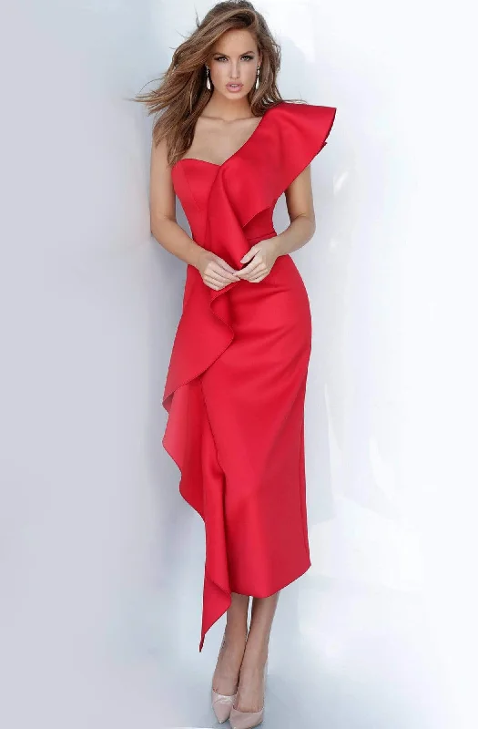 Cocktail dresses with a tassel - adorned belt and a sheath styleJovani - 02616 Draped Ruffle Accented Sheath Dress