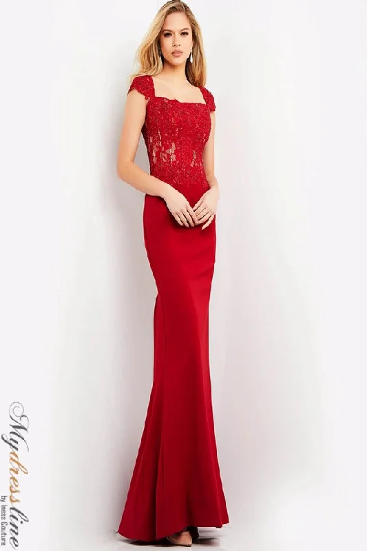 Formal dresses with cold - shoulder ruffled sleeves and floral prints for a romantic and trendy formal styleJovani 06825