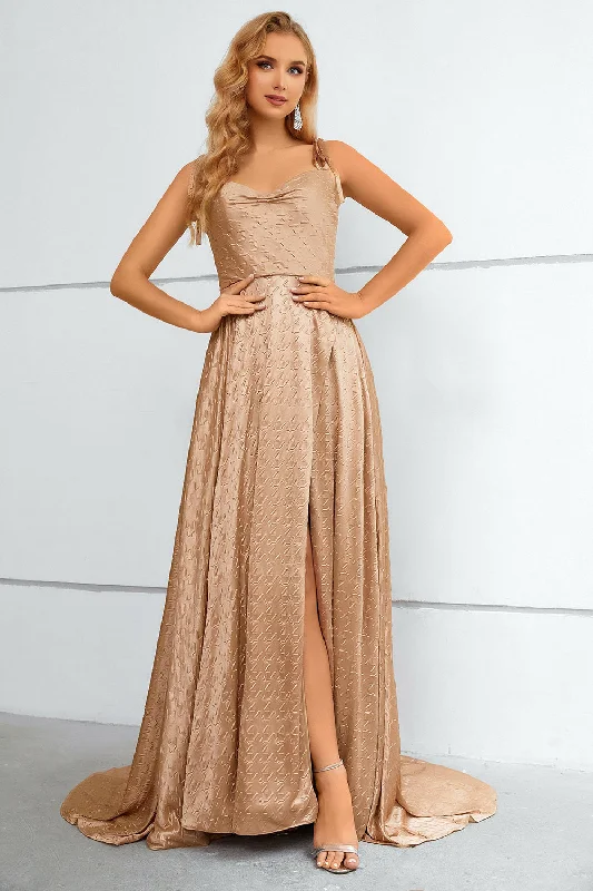 Sleeveless cocktail dresses in a silk - blend fabric for a luxurious feelKhaki Spaghetti Straps Bowknot Prom Dress With Slit