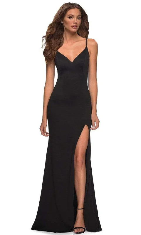 Prom dresses with one - shoulder ruffled straps and geometric patterns for a contemporary and eye - catching formal eventLa Femme - 30072 Spaghetti Strap High Slit Gown