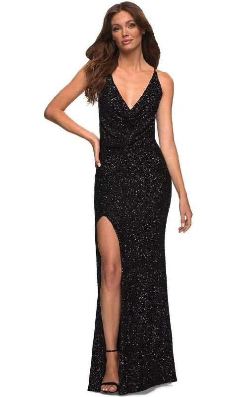 Prom dresses with keyhole backs and rhinestone - studded straps for a flirty lookLa Femme - 30376 Sequin Cowl V-Neck Gown