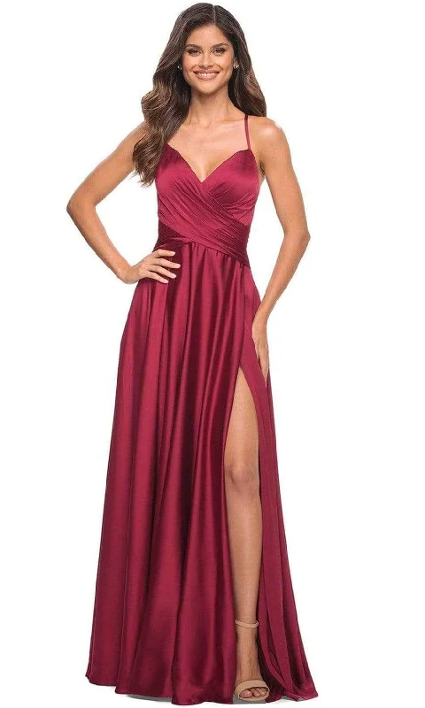 Formal dresses with geometric patterns and metallic accents for a modern formal affairLa Femme - 30512 V-Neck High Slit Satin Dress