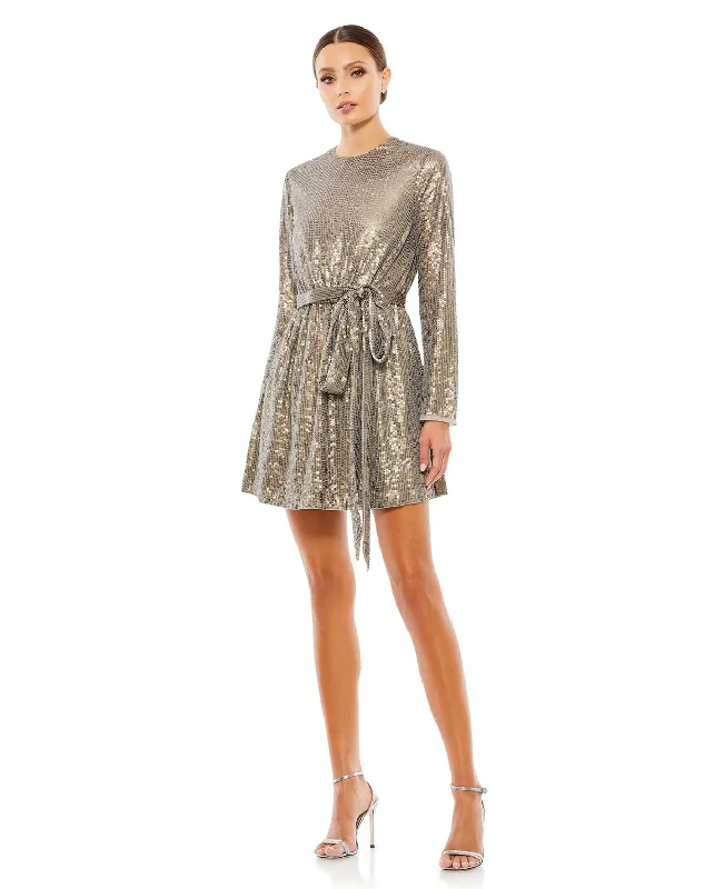 Lace - trimmed cocktail dresses in a pastel color for a soft appearanceMac Duggal 10789 Sequin Embellish Long Sleeve High Neck Short Dress