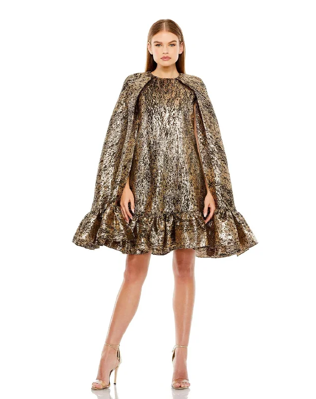 A - line cocktail dresses with floral embroidery for spring partiesMac Duggal 20700 High Neck Cape Sleeve Metallic Trapeze Short dress