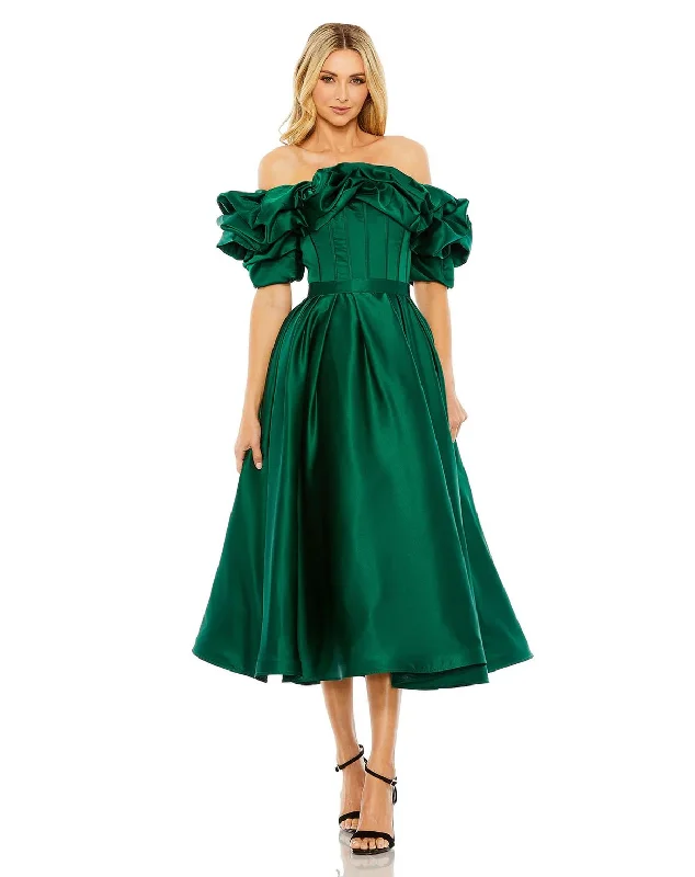 Bow - backed cocktail dresses with a fit - and - flare silhouetteMac Duggal 20706 Off Shoulder Ruffle Tea Length Dress