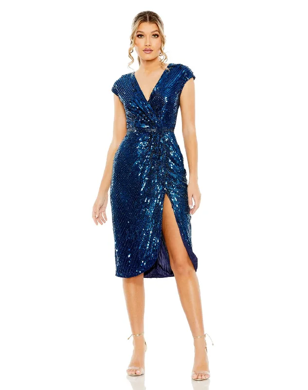 Plaid cocktail dresses with a flared skirt for a classic feelMac Duggal 5777 Short Sequin Faux Wrap Front Slit Dress