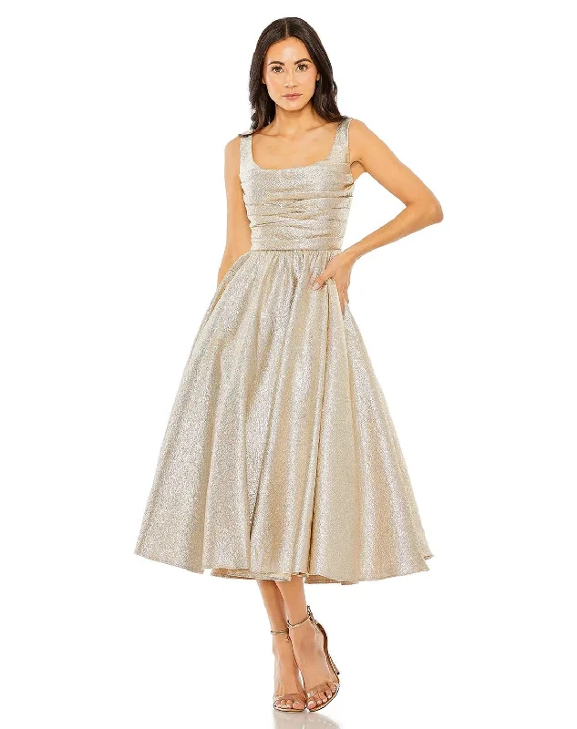 Satin - lined cocktail dresses with a lace outer layerMac Duggal 68350 Sleeveless A Line Taffeta Tea Length Dress